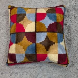 Needlepoint Pillow Geometric Mid Century Approx 14" x 14" Soft Comfy